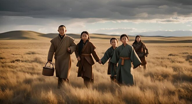 Mongolian family in the Mongolian countryside.