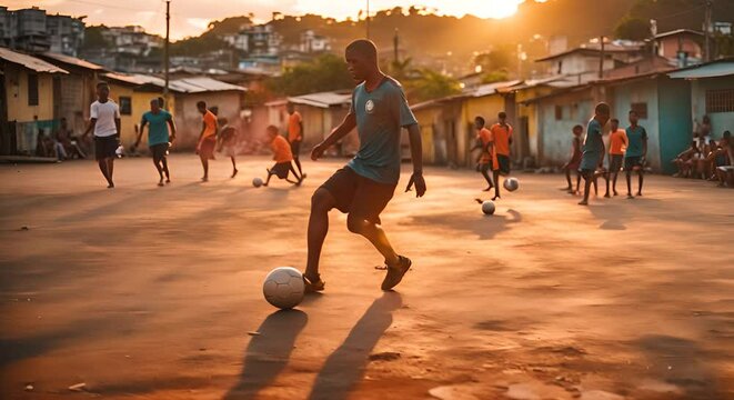 Playing soccer in the favelas.