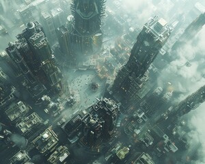 Aerial view of a cityscape with abstract plane-like structures