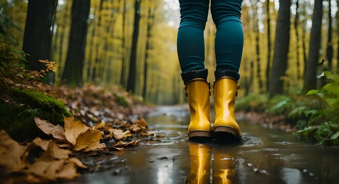 Hiker with yellow boots in the forest.