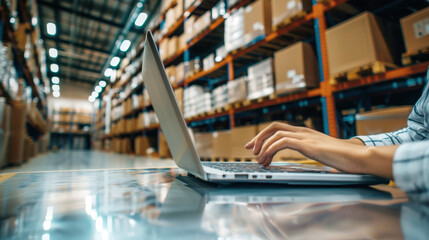 A warehouse worker diligently types on a laptop, surrounded by towering shelves filled with packages. 