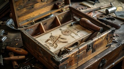 Vintage Wooden Tool Box with Hand-Drawn Robot