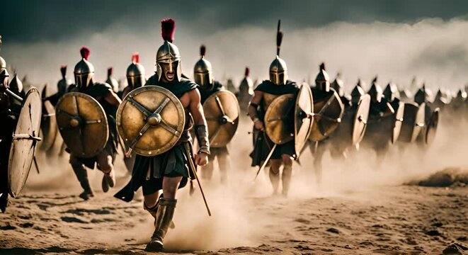 Battle of Spartans with swords and spears. Legion of Spartans. Sparta.