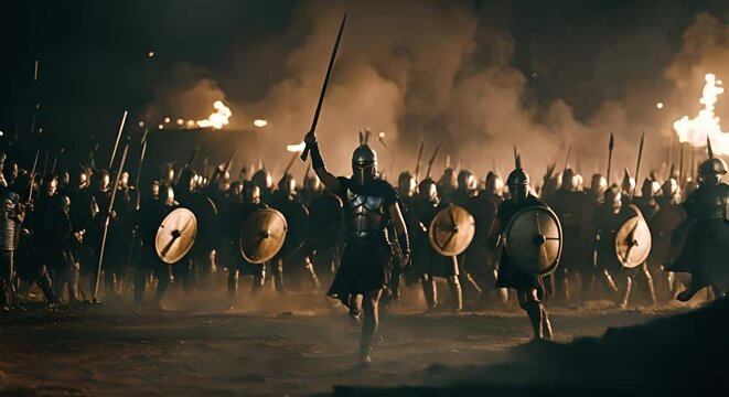 Battle of Spartans with swords and spears at night. Legion of Spartans. Sparta.