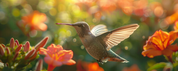Naklejka premium A close-up photo of a hummingbird hovering in front of a flower, its wings beating so fast they are almost invisible.