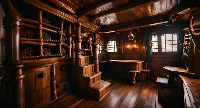 Interior of a room on a pirate ship.