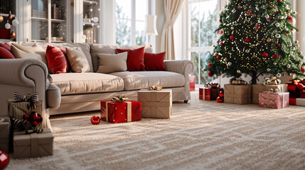 Christmas day scene with presents under the tree and cozy atmosphere