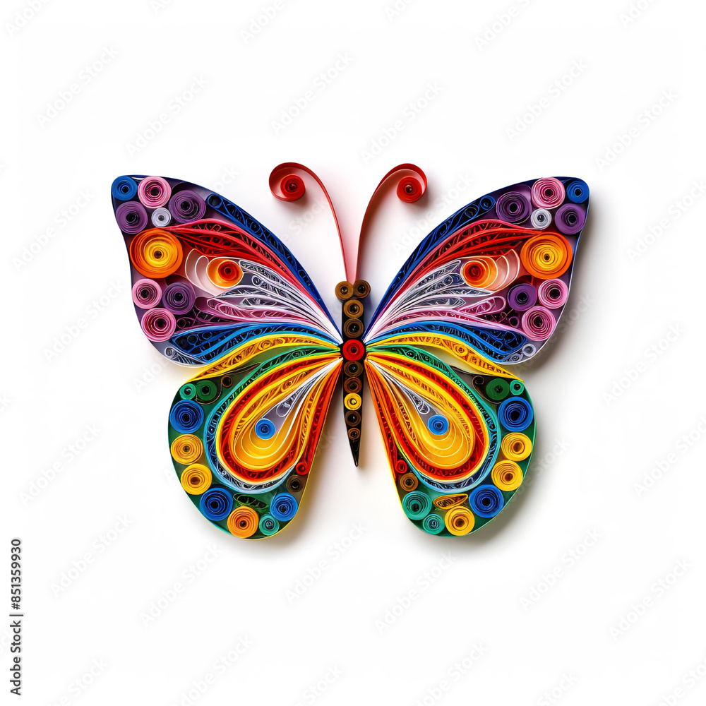 Wall mural Brightly colored paper quilling  butterfly with intricate wings on white background