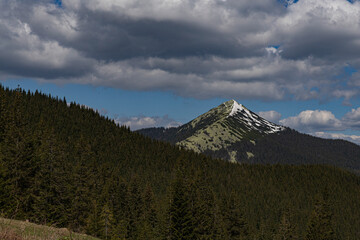 Fototapeta premium Eastern Gorgans, the top of Mount Dovbushanka in April, the Ukrainian Carpathians, a trip to the mountains