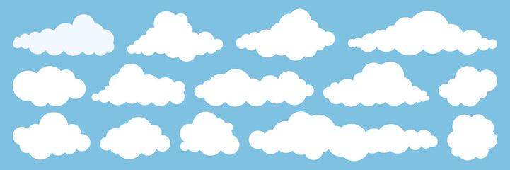 Set of cartoon cloud line in a flat design. White cloud collection.	