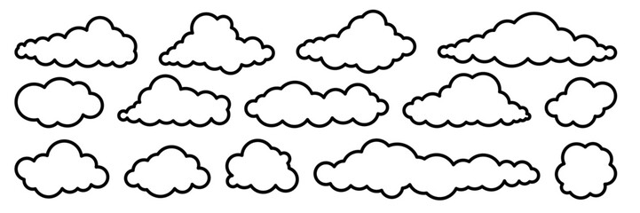 Set of cartoon cloud line in a flat design. White cloud collection.	