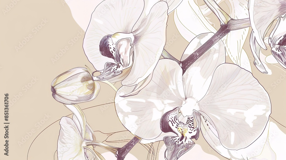 Canvas Prints Hand-drawn orchid, close-up, delicate purple and white, precise lines, soft beige background. 