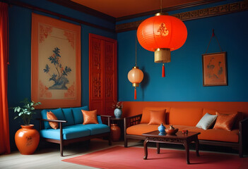 Chinese-style Living Room Design with blue wall paint and red paper lantern