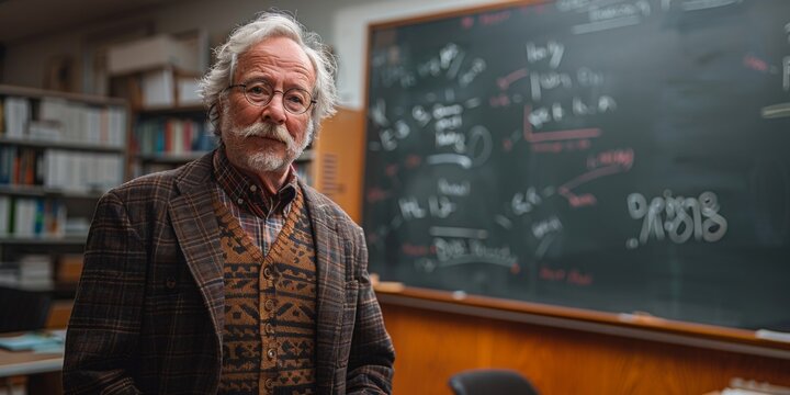 a real photo of a professor standing in front of a giant chalkboard while writing on it.