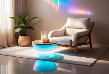 Modern living room with sofa furniture and pot plant, ambient lighting atmosphere