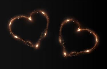 Heart gold with flashes isolated on transparent background. Light heart for holiday cards, banners, invitations. Heart-shaped gold wire glow. PNG vector