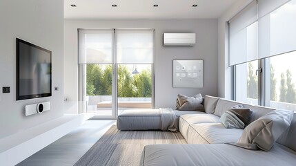 Modern living room interior displays a high-tech smart home with a luxurious and elegant design