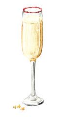 Festive Champagne glass with decor. Hand drawn watercolor illustration  isolated on white background