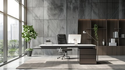 Ceo business interior with desk near window, pc computer and mock up wall hyper realistic 