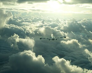 Airplane flying through layers of clouds