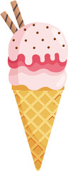 Yummy street food, confectionery snacks. Cone waffle with filling, icecream balls in cup, ice-cream in cone. Colorful Ice Cream Illustration. Desserts, sweet eating set. Yummy street food, confectione