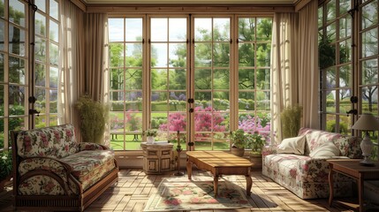 A sunroom with a charming country cottage feel, featuring wooden furniture, floral patterns, and large windows overlooking a blooming garden