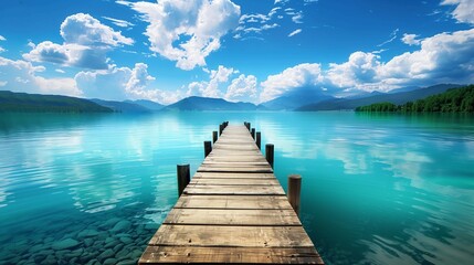 A wooden pier that leads to a turquoise lake with blue skies and white clouds,
The lake shows stones under the clear and calm surface.
The surrounding scenery is reflected in the water, mountains.