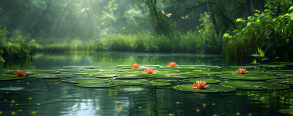 Fototapeta premium A tranquil woodland pond, with lily pads floating on its surface and dragonflies darting overhead.