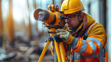 A civil engineer, surveyor builder engineer utilizes theodolite transit equipment outdoors, a cornerstone of effective surveying at the construction site.