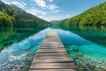 Fototapeta premium A wooden pier that leads to a turquoise lake with blue skies and white clouds, The side of the lake is leafy and has various green shades, and stones can be seen under the clear and calm surface.
