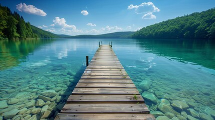 Fototapeta premium A wooden pier that leads to a turquoise lake with blue skies and white clouds, The side of the lake is leafy and has various green shades, and stones can be seen under the clear and calm surface.