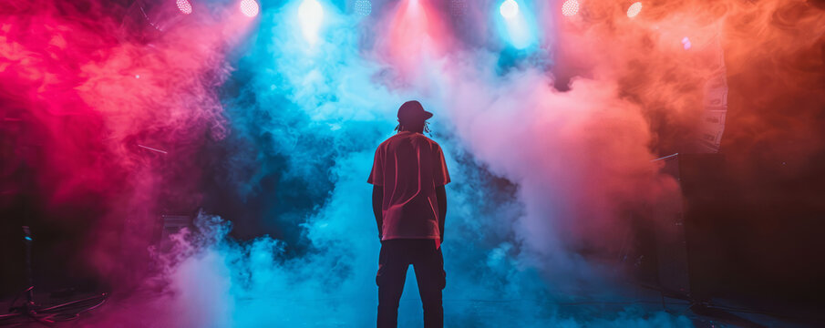 Artist rapper at a music concert on stage singing seen from the back with pink and blue smoke. Hip hop rap artist live performance
