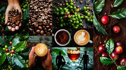 A collage of coffee, showing the plant from which it grows to the drink in an illustrated style with different images and textures, a hand holding coffee beans on a wooden background, there is also