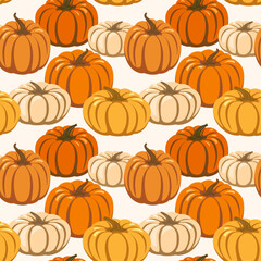 Cartoon ripe raw pumpkins seamless vector pattern, autumn harvest and Thanksgiving concept, decorative background, wallpaper, textile print, packaging.