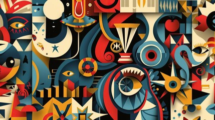 Obraz premium Abstract geometric pattern with vibrant colors, shapes, and textures. Perfect for modern art, design, and background usage.