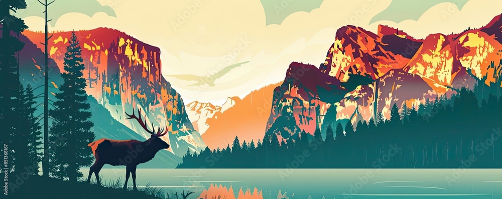 Wall mural Digital illustration of a serene mountain landscape with a lone elk by a calm lake, surrounded by trees and vibrant rocky peaks at sunset.