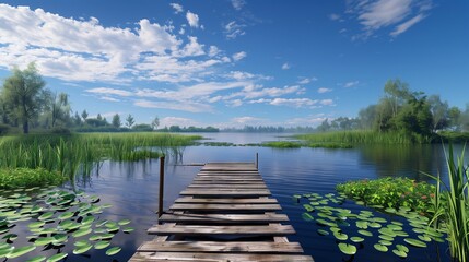 Fototapeta premium A wooden pier that leads to a turquoise lake with blue skies and white clouds, The side of the lake is leafy and has various green shades, and stones can be seen under the clear and calm surface.