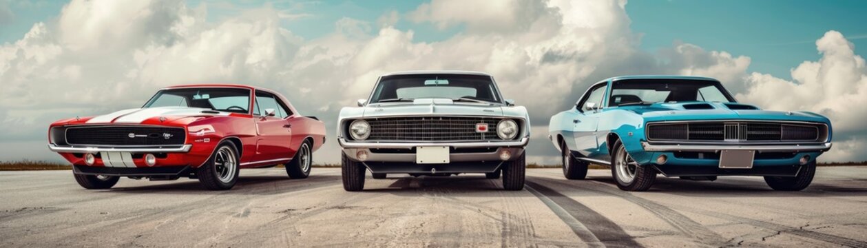 Naklejki Three classic muscle cars in pristine condition showcased on an open road with a dramatic sky backdrop, symbolizing power and style.