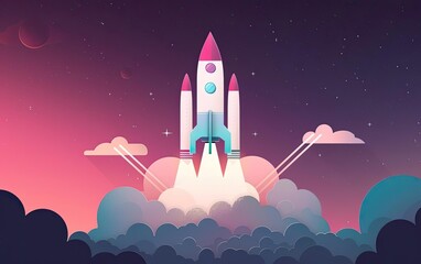 Naklejka premium Illustration of a colorful rocket launching into space against a starry background, depicting a dreamy and inspirational scene.