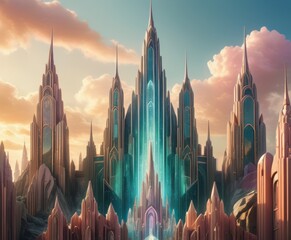 Obraz premium Majestic, futuristic spires rise against a dramatic sunset sky. The architecture features sharp, elongated forms with glowing blue accents, creating a mesmerizing cityscape that blends fantasy and