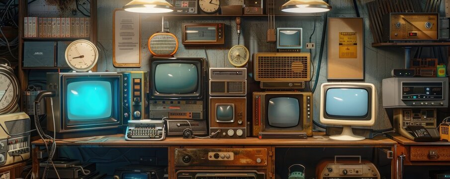 Vintage collection of old televisions and radios on display, showcasing retro technology in a nostalgic setup for antique enthusiasts.