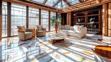 A sunroom with a chic, modern design, featuring stylish furniture, a glass ceiling, and sunlight casting bright patterns on the marble floor
