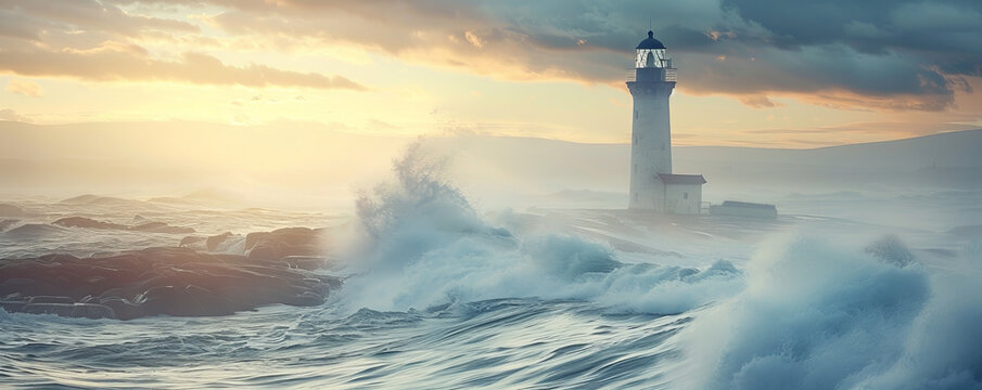 A solitary lighthouse standing tall against the crashing waves on a rocky coastline.