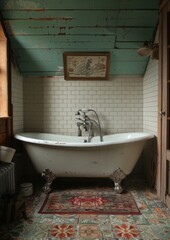 Vintage Bathroom A charming bathroom with a clawfoot tub, subway tiles, and a pedestal sink. Include vintage fixtures and a patterned floor tile.