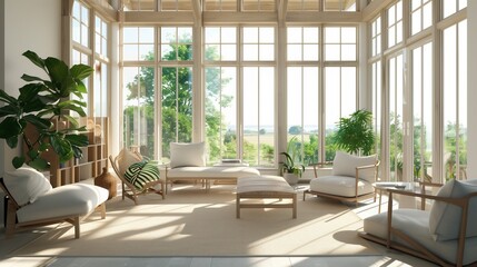 A sunroom with a clean, minimalist design, featuring simple furniture, neutral colors, and large windows allowing an abundance of natural light