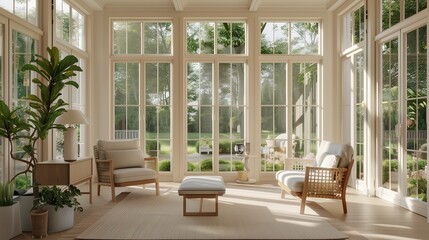 A sunroom with a clean, minimalist design, featuring simple furniture, neutral colors, and large windows allowing an abundance of natural light