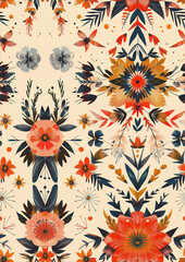 Seamless pattern of vibrant abstract flowers and leaves on a cream background