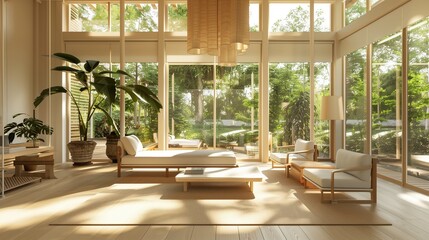 Fototapeta premium A sunroom with a clean, minimalist design, featuring simple furniture, neutral colors, and large windows allowing an abundance of natural light