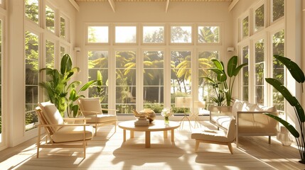 A sunroom with a clean, minimalist design, featuring simple furniture, neutral colors, and large windows allowing an abundance of natural light