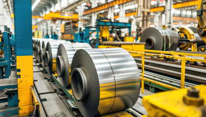 A factory filled with rolls of metal moving along a conveyor belt, a scene of mass production